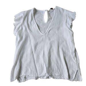 Stark x Gauzy Top Women's‎ Small White Frayed Short Sleeve 100% Cotton Blouse